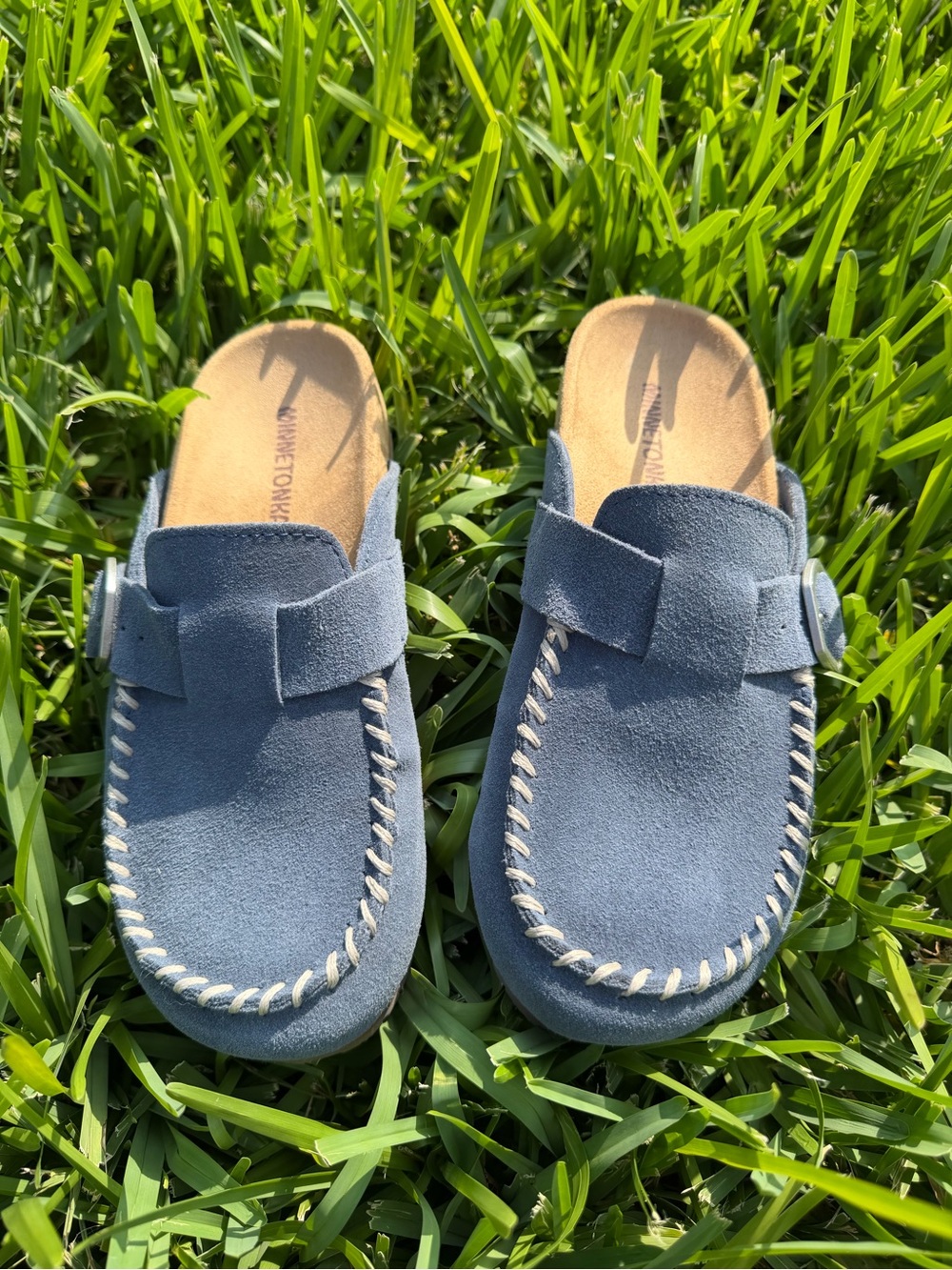 Minnetonka Blue Suede Slip-On Mules